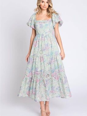 Lovelo Pastel Mint Multi-Color Floral Eyelet Tiered Maxi